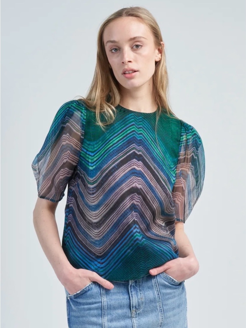 Ulla Johnson Sheer Chevron Wave Blouse in Green, Blue and Gray